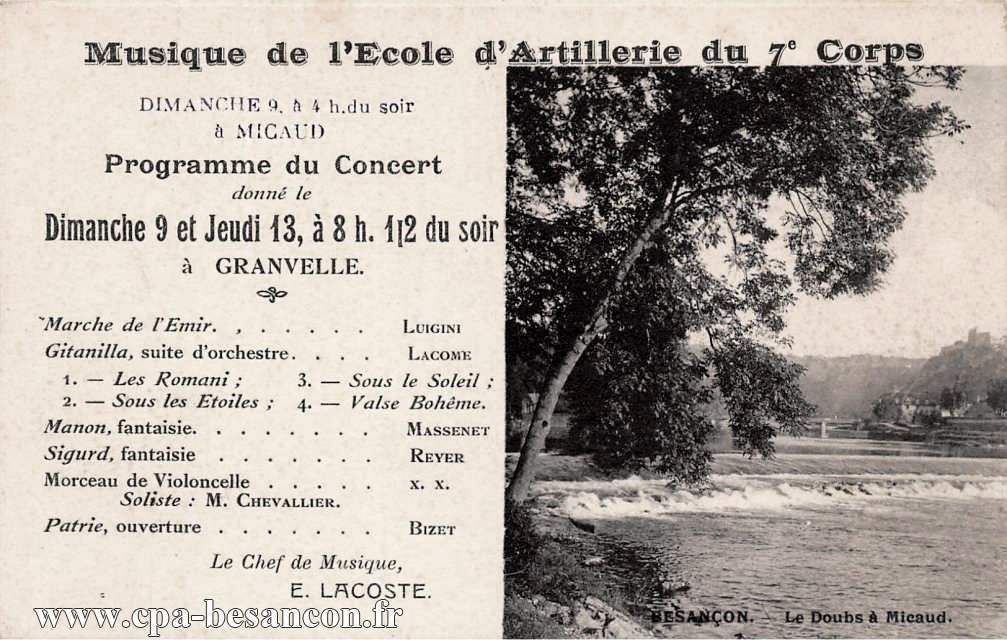 Musique de l'Ecole d'Artillerie du 7e Corps - Besançon - Le Doubs à Micaud. Programme du Concert donné le Dimanche 9 et Jeudi 13, à 8h. 1/2 du soir à GRANVELLE.